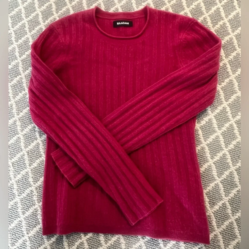 Naadam 100% Cashmere Wide Ribbed Sweater Size Small Raspberry Rolled Crewneck